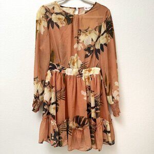 L'Atiste Sheer Floral Chiffon Lightweight Beige Pink Cream Long Sleeve Mini Med